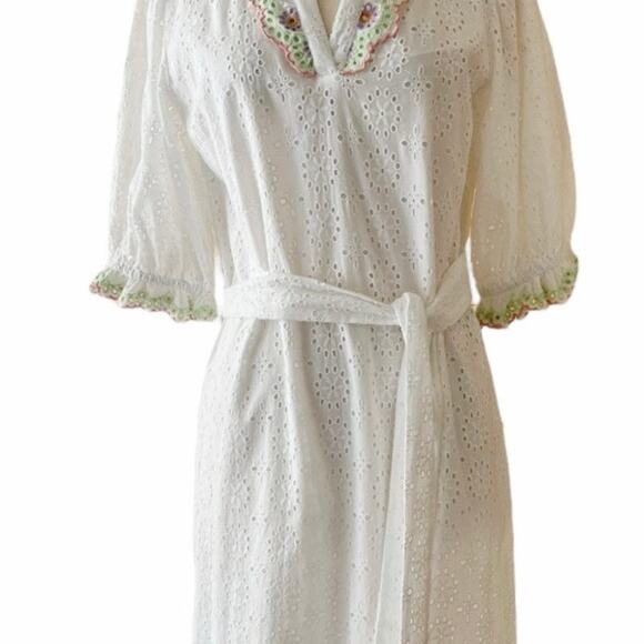 ROLLER RABBIT Luca Caftan Dress White Eyelet Embroidery Scalloped Floral Small - Picture 11 of 11